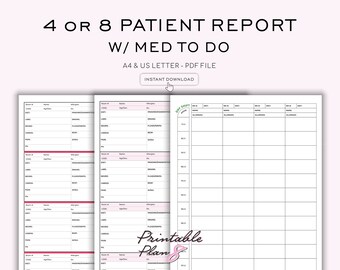 Hoja de informe de enfermería: 4-8 pacientes, UCI médico-quirúrgica, tamaño A4 (PDF) Descarga inmediata