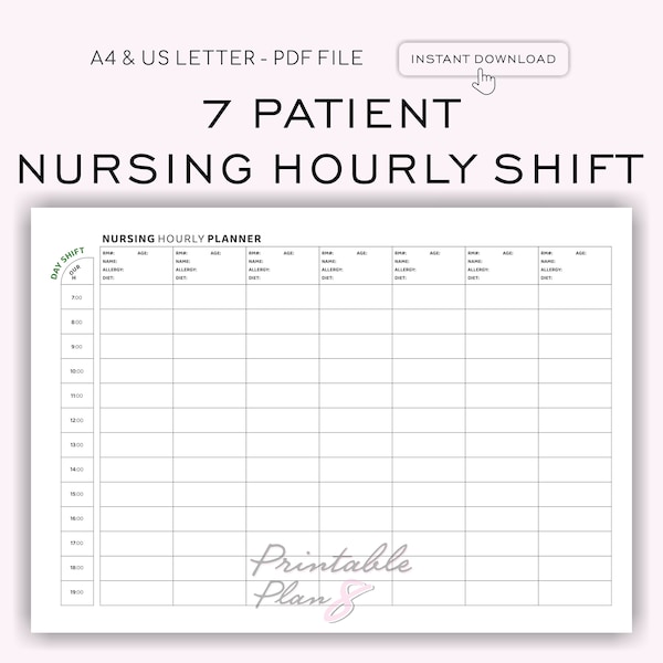 Nurse Hourly Shift Schedule, 7 Patient Medication, Nursing Shift Planner, Day/Night Shift, Printable Template, To-Do Schedule, A4-LETTER,