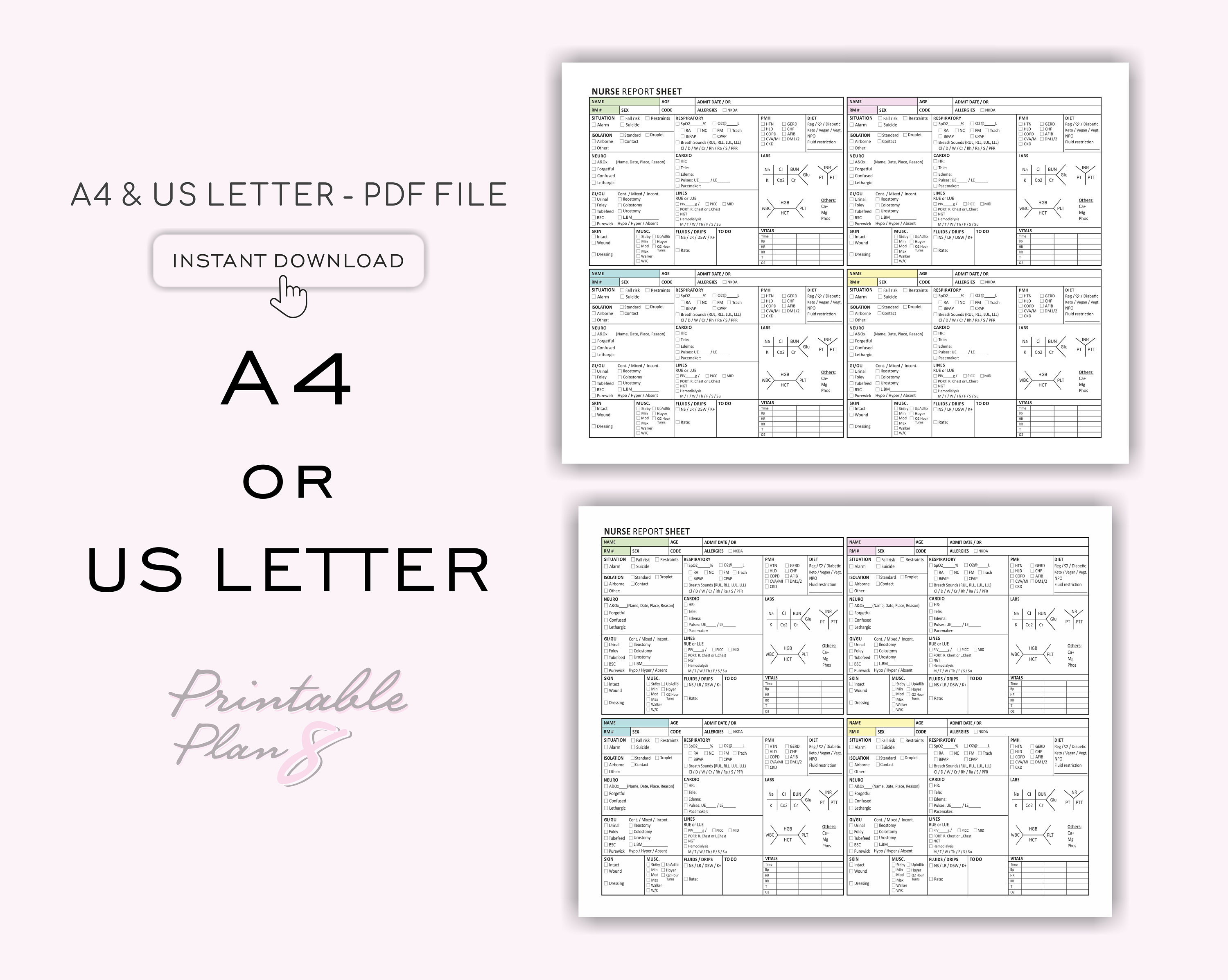 4 Patient Nurse Report Sheet, Med Surg Report Sheet, Multi Patient, ICU