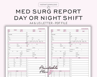 Hoja de informe de enfermería médico-quirúrgica: Turnos de día y de noche, valoración del paciente, tamaño carta (PDF) Descarga inmediata