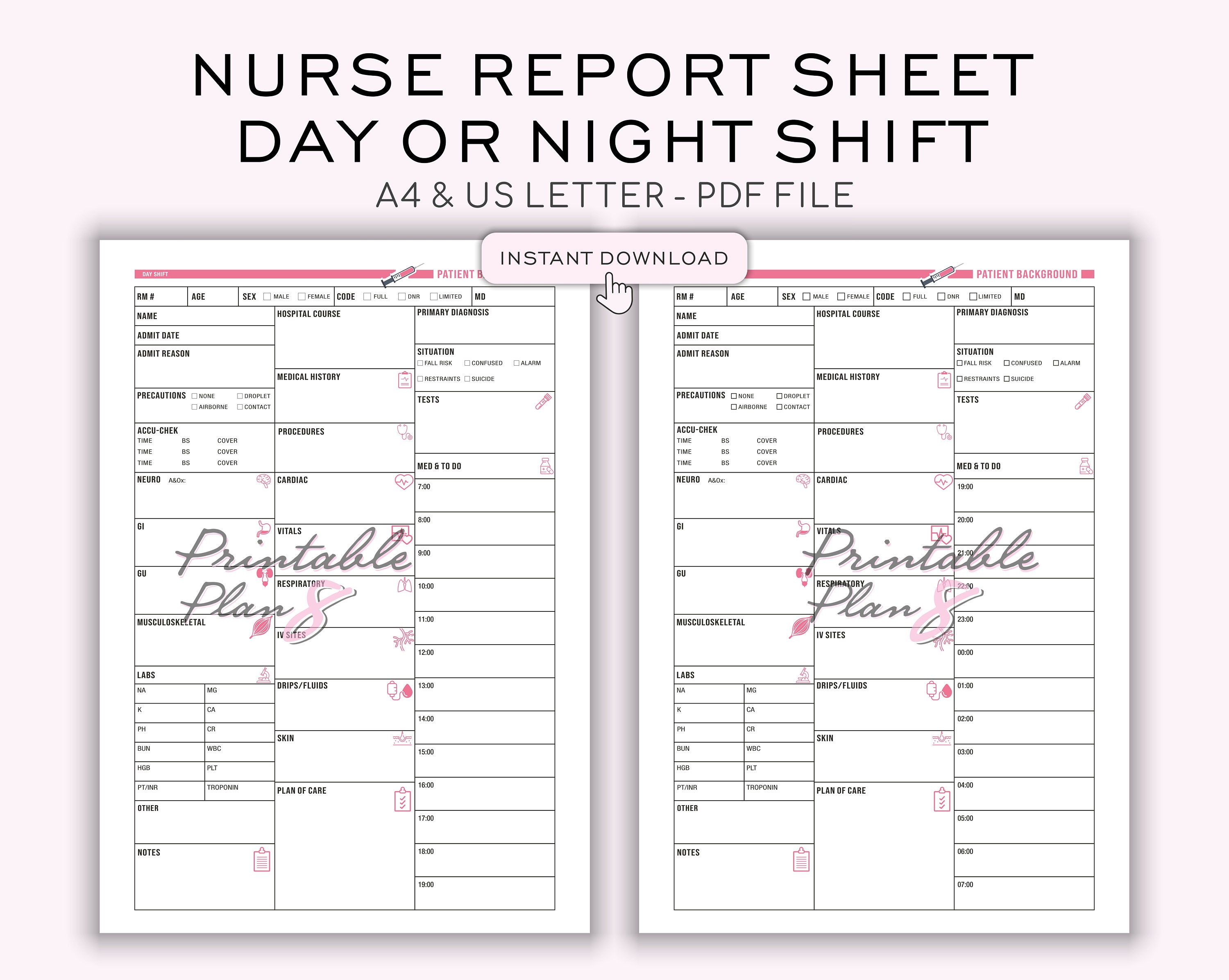 Nurse Report Sheet With Medication, Patient Log, Day/night