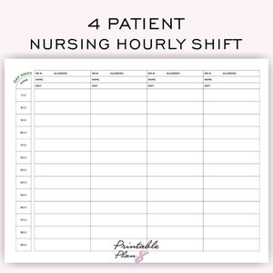 Nurse Hourly Shift Schedule, 4 Patient Medication, Nursing Shift Planner, Day/Night Shift, Printable Template, To-Do Schedule,  A4-LETTER,