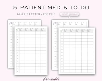 Planificador de turnos de enfermería, lista de medicamentos y tareas para 5 pacientes (descarga digital)