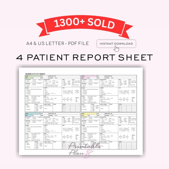 4 Patient Nurse Report Sheet | Med Surg ICU RN Handoff (Digital Download)