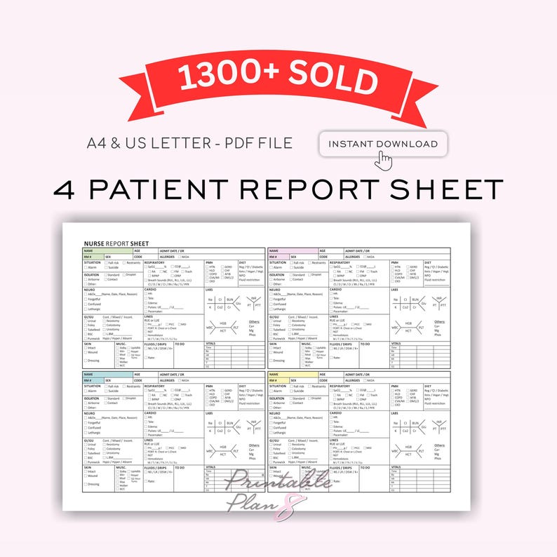 Printable 4 patient nurse report sheet PDF preview with vitals, meds, labs, and notes sections