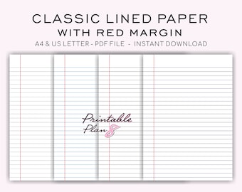 Papel rayado retro con margen rojo: A4-CARTA (PDF) Descarga instantánea