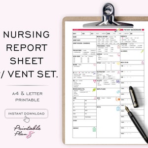 ICU Nurse Report Sheet with Vent Settings: Patient Assessment (A4/Letter PDF)
