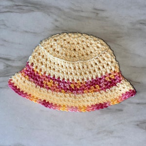 Newborn Crochet Bucket Hat | Cream and Pink Bucket Hat | Baby Sun Hat