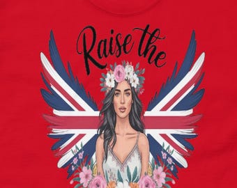 Classic Tee – Raise the Colours UK Winged Woman Design | British Flag Graphic Shirt | Union Jack Fashion Top | Floral Crown Art Tee