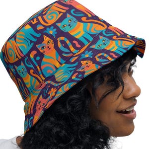 Sombrero de pescador reversible con estampado colorido de gatos y perros / Divertido diseño de animales / 2 en 1, bonito regalo para amantes de las mascotas, ideal para festivales y verano / 3 tallas