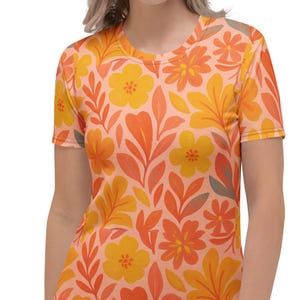 Retro Floral T-Shirt: Bold Orange & Yellow Print, Groovy Summer Tee