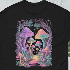 Psychedelic Mushroom Forest Unisex Classic Tee | Trippy Fungi Fantasy Art Shirt with Neon Colors | Magic Nature Vibes Gift for Free Spirits