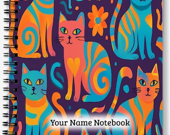 Personalized Cat Spiral Notebook: Funky Psychedelic Pattern, A4/A5
