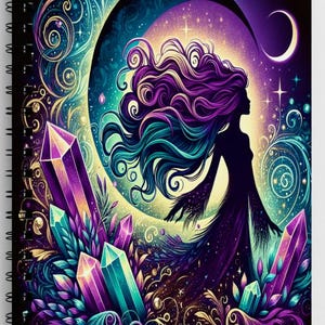 May include: Spiral-bound notebook with a celestial design. The cover features a silhouette of a woman with flowing purple and teal hair, set against a crescent moon and crystal formations. The text "Your Name Notebook" is at the bottom.