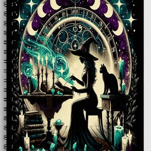 May include: Spiral-bound notebook with a fantasy illustration. The cover features a witch in silhouette, a black cat, candles, and crystals. The background includes a celestial design with moons and stars. Text on the cover reads "Your Name Notebook."