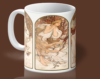 Art Nouveau Coffee Mug | Alphonse Mucha’s ‘The Seasons’ (1897) | Elegant 11oz Ceramic Mug | Classic Vintage Style | Romantic Aesthetic