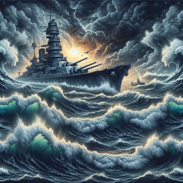 Battleship in Stormy Seas Print: Naval Warfare Art (Digital Download)