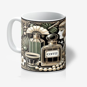 Puede incluir: Taza de cerámica blanca con un diseño negro y dorado que presenta una bailarina, botellas de perfume, una taza de café y perlas. El texto "COFFEE" está impreso en una de las botellas de perfume.