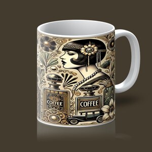 May include: White ceramic mug with a black and gold design featuring a woman with a pearl necklace, a vintage car, and the word "Coffee" on two perfume bottles.