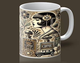 アールデコ調コーヒーマグ：1920年代のフラッパースタイルの陶器マグ