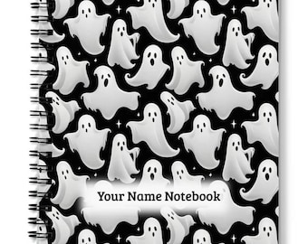 Personalised A4 / A5 Spiral Bound Notebook, Lined, Dot Grid  - 120 pages - Spooky Haunting Ghosts, Gift, Travel Journal, Work, School