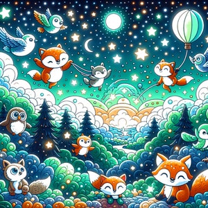 Encantadoras láminas que brillan en la oscuridad / Bosque caprichoso, superhéroes de la jungla, gatitos en las nubes, animales de dibujos animados / Dormitorio / Aventura nocturna