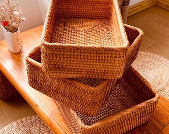 Handwoven Rattan Storage Basket Set | Wicker Rectangular Basket for Storage Organizing | Rustic Rattan Basket | Handmade Fruit Basket