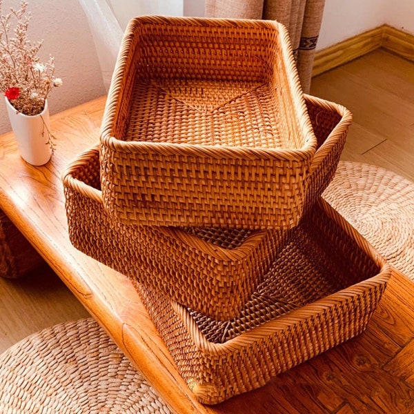 Handwoven Rattan Storage Basket Set | Wicker Rectangular Basket for Storage Organizing | Rustic Rattan Basket | Handmade Fruit Basket