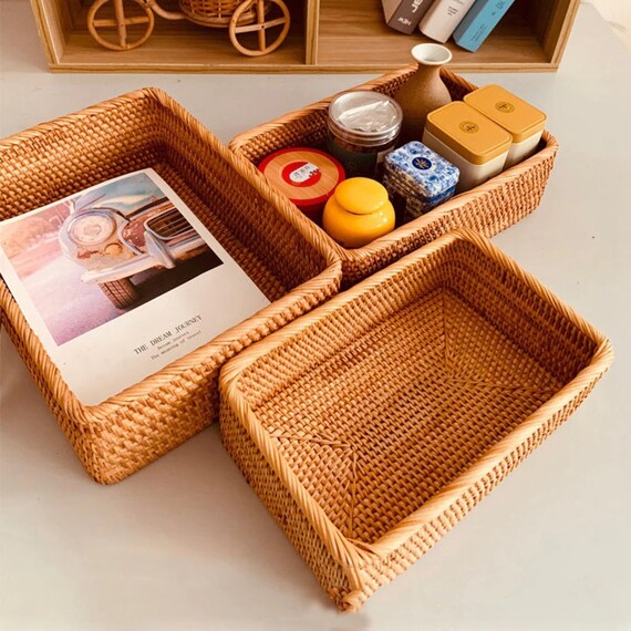 Handwoven Rattan Storage Basket Set Wicker Rectangular Basket for