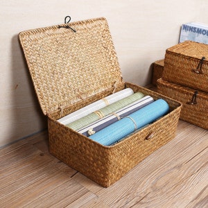 Seaweed Hand Woven Storage Basket Set of 3 | Rectangular Storage Box | Home Storage Organizer Box | Wicker Basket with Lid | Gift Ideas