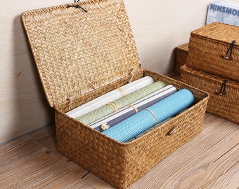 Seaweed Hand Woven Storage Basket Set of 3 | Rectangular Storage Box | Home Storage Organizer Box | Wicker Basket with Lid | Gift Ideas