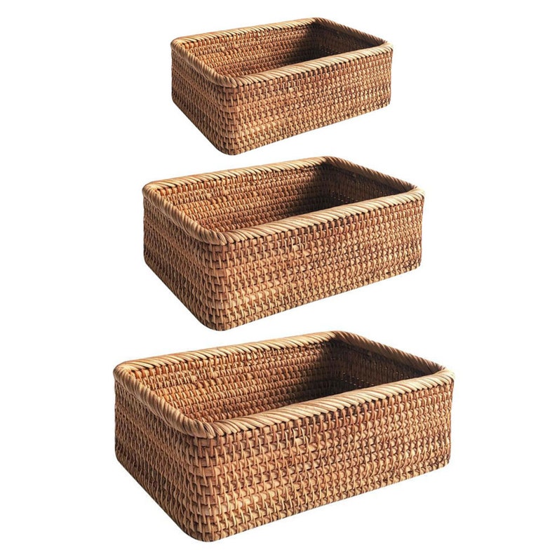 Handwoven Rattan Storage Basket Set of 3 Wicker Rectangular Etsy