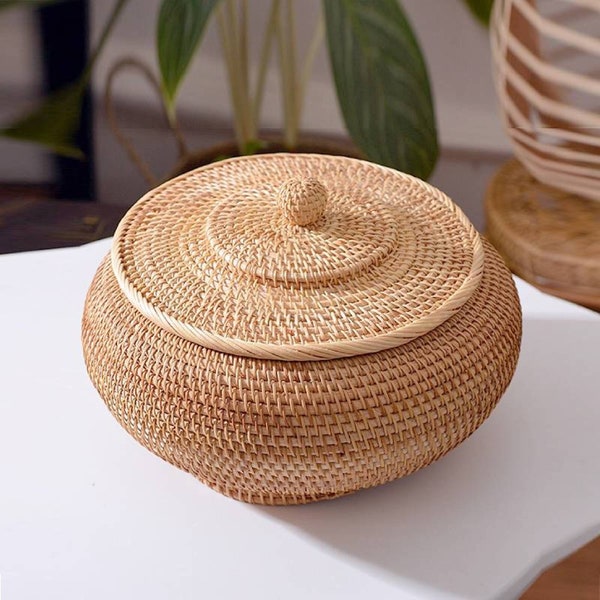 Handmade Round Rattan Box | Handwoven Multi-Purpose Wicker Food Container | Desktop Storage Basket | Gift Ideas | Gift for Mom