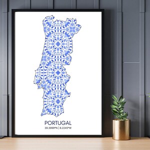 Kaartposter Portugal, Portugese muurkunst, blauwe mediterrane tegel, housewarmingcadeau, woondecoratie, fysieke print, geen lijst inbegrepen