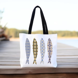 Portugal Tile Sardine Tote Bag, Azores Gift, Unique Grocery Bag, Eco-Friendly Shopper, Gift for Fisherman Summer Beach Bag,