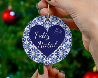 Merry Christmas Ornament, Portugal Tile Ornament, Blue lisbon Azulejo, Portuguese Home Decor Gift, Christmas Tree Decor, Ceramic Ornaments