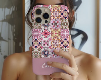 Bride Tough Phone Case, Portugal Pink Tile iphone Custom Cover, Mosaic Retro Phone Case, Trendy Girl Gift, Samsung Galaxy, Google Pixel
