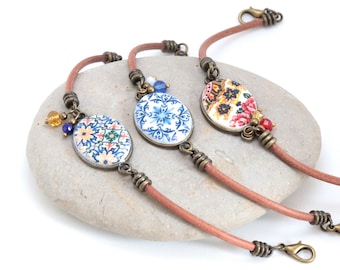 Portugal Tile Bracelet with Leather, Adjustable, Lisbon Souvenir, Anniversary Gifts for Women