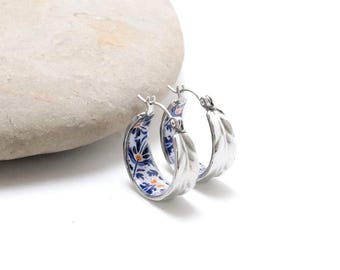 Portugal Tile Hoop Earrings, Floral Leaf Design (18mm Silver)