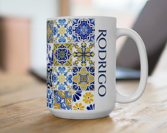 Taza de azulejos azules de Portugal: Taza personalizada con nombre, regalo portugués, estilo mediterráneo, taza de té de azulejos, Navidad Vovo, taza de café de cerámica