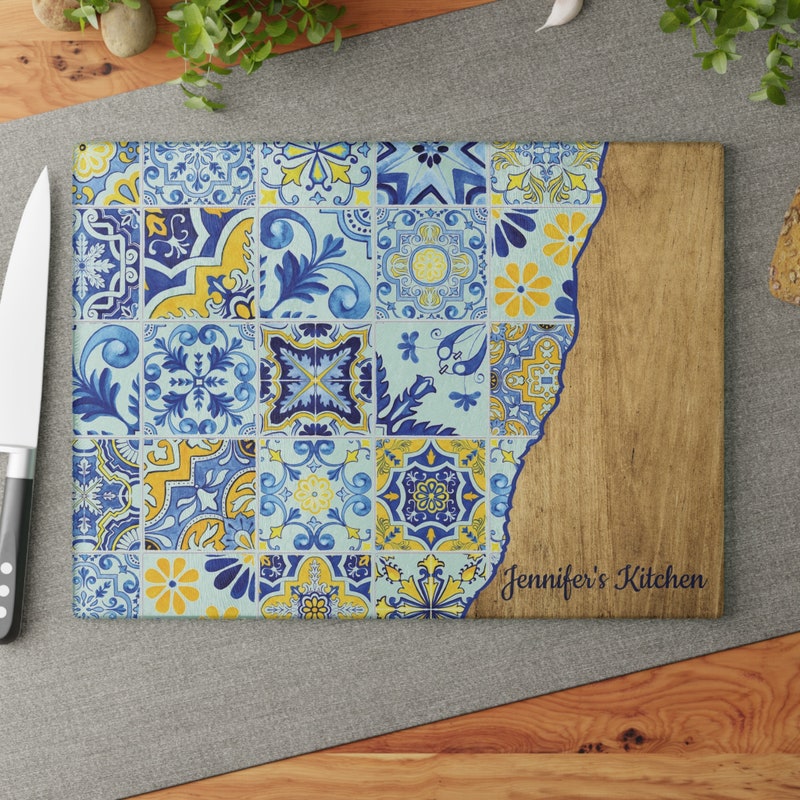 Custom Portugal Cooking Gift Tile Glass Cutting Board Portugal Tile Kitchen Decor Mediterranean Style Personalized Portuguese Chef Gift