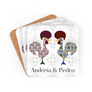 Personalized Portuguese Tile Coaster, Portugal Rooster, Lisbon Drink Coasters, Gifts for Couples, Family Presents, Wedding Favors, Set 4