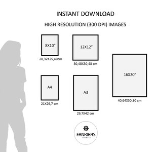 May include: A diagram showing different print sizes for digital downloads. The sizes are shown in inches and centimeters. The sizes include 8x10 inches (20.32x25.40 cm), 12x12 inches (30.48x30.48 cm), 16x20 inches (40.64x50.80 cm), A4 (21x29.7 cm), and A3 (29.7x42 cm).