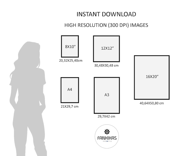 May include: A diagram showing different print sizes for digital downloads. The sizes are shown in inches and centimeters. The sizes include 8x10 inches (20.32x25.40 cm), 12x12 inches (30.48x30.48 cm), 16x20 inches (40.64x50.80 cm), A4 (21x29.7 cm), and A3 (29.7x42 cm).