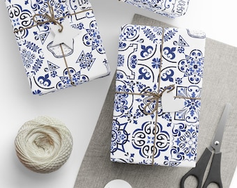 Wrapping Papers Portugal Tile and Lisbon icons design (Portuguese guitar and pastel de nata)