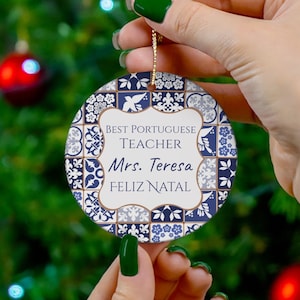 Adorno navideño para profesor de portugués, adorno de azulejo portugués personalizado, decoración para árbol de Navidad, cerámica estilo mediterráneo