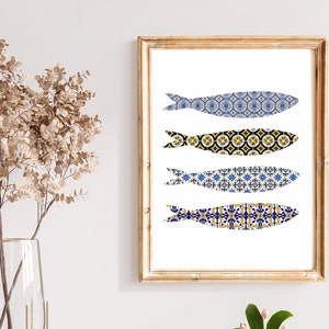 Portuguese Sardines Wall Art, Portugal Tile, Lisbon Poster, Modern kitchen decor, Housewarming Gift, Physical Print, No Frame Included