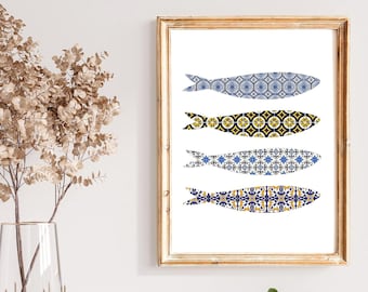 Portuguese Sardines Wall Art, Portugal Tile, Lisbon Poster, Modern kitchen decor, Housewarming Gift, Physical Print, No Frame Included