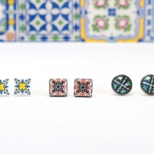 3 Colorful Stud Earrings, Portuguese Tile Jewelry, Everyday Studs, Lisbon azulejos, Portugal Tiles, Christmas Gifts for Her