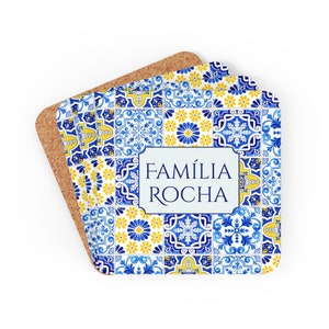 Custom Portugal Gift Tile Coasters Mediterranean Style Home Decor Family Personalized Coaster Housewarming Christmas Family Gift, Set 4